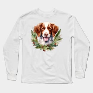 Christmas Brittany Dog Wreath Long Sleeve T-Shirt